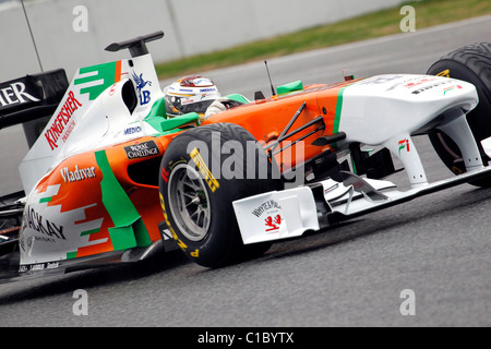 Adrian Sutil Force India 2011 Formel1 Auto in Montmelo Circuit, Barcelona 20.2.11 Stockfoto