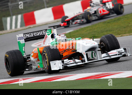 Adrian Sutil Force India 2011 Formel1 Auto in Montmelo Circuit, Barcelona 20.2.11 Stockfoto