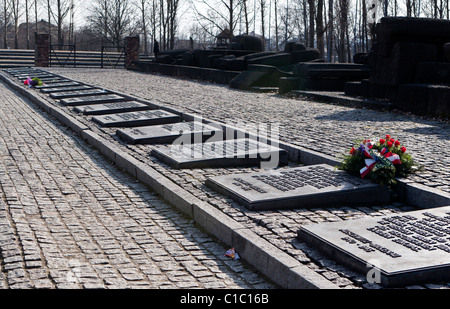 Denkmal-Plaketten an Auschwitz II-Birkenau, Polen. Stockfoto