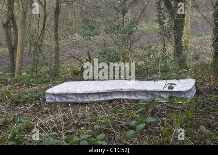 Eine alte Matratze entsorgt illegal in einem Waldgebiet in North Yorkshire. Stockfoto