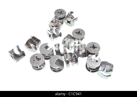 Sicherungsschrauben isoliert auf weiss Stockfoto
