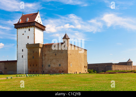 Zwei alte Festungen auf den Parteien aus dem Fluss, der Grenze ist. Narva, Estland und Ivangorod hinter dem Fluss, Russland. Stockfoto