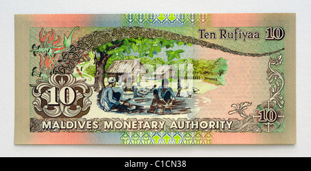 Malediven 10 10 Rufiyaa Banknote. Stockfoto