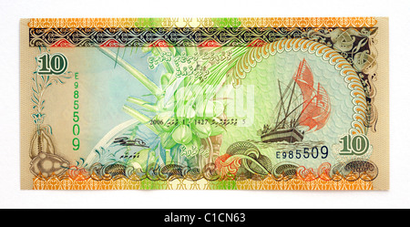 Malediven 10 10 Rufiyaa Banknote. Stockfoto