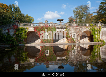 Brunnen mit Reflexion am Schlosspark in der Nähe der Orangerie im Park Sanssouci in Potsdam, Deutschland Stockfoto