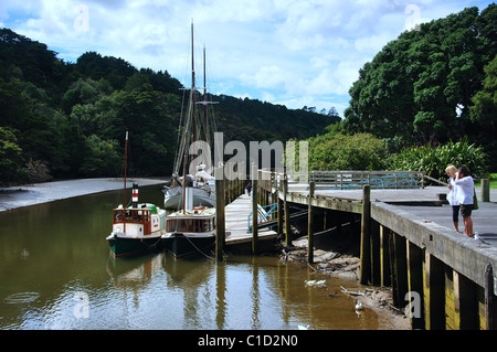 Dampfschiffe vertäut am Mahurangi Fluss, Warkworth, Region Auckland, Nordinsel, Neuseeland Stockfoto