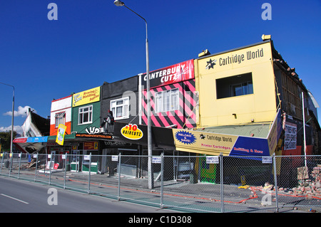 Geschäfte beschädigt vom 22. Februar 2011 Erdbeben, Linwood, Christchurch, Region Canterbury, Südinsel, Neuseeland Stockfoto