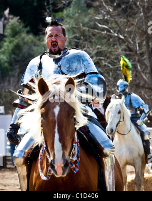 Ein Ritter auf seinem Pferd beim Turnier Spiel auf dem Sonora California Celtic Jahrmarkt im Galopp Stockfoto