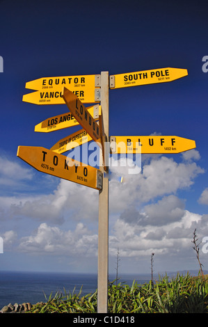 Internationale Zeichen post, Cape Reinga Lighthouse, Cape Reinga, Northland Region, Nordinsel, Neuseeland Stockfoto