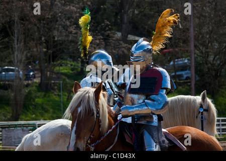 Zwei Ritter in einer Runde zu bestreiten, zu kämpfen mit einander auf dem Sonora California Celtic Jahrmarkt warten Stockfoto
