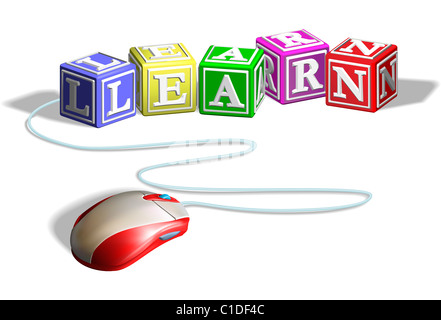 Alphabet Buchstaben, die Blöcke bilden das Wort lernen externe Maus angeschlossen. Konzept für e-Learning. Stockfoto