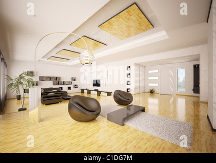 Wohngebäude der modernen Wohnung Wohnzimmer Halle 3d render Stockfoto