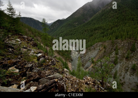 Der Kitoy-Fluss im Tal zwischen Tunkinskie Goltsy und Kitoyskie Goltsy Gebieten im östlichen Sajan-Gebirge. Sibirien. Russland. Stockfoto