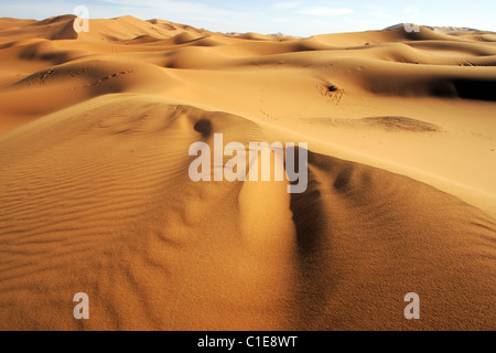 Die Sanddünen der Sahara-Wüste in Erg Chebbi in der Nähe von Dorf Merzouga in Marokko, Nordafrika Stockfoto