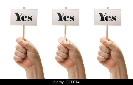 Drei Zeichen In männliche Fäuste sagen: Ja, ja und nochmals ja isoliert auf weißem Hintergrund. Stockfoto