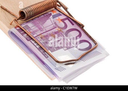 Viele Euro-Banknoten in eine Mausefalle. Stockfoto