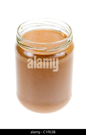 Glas Erdnussbutter isoliert auf weißem Hintergrund Stockfoto
