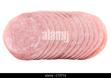 Kochwurst Stücke isoliert auf weißem Hintergrund Stockfoto