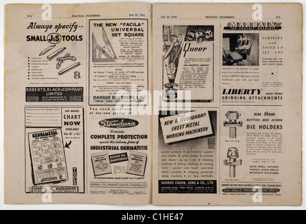 Zwei Seiten der Werbung in einem alten Vintage praktische Engineering Magazin datiert 23. Juni 1944. EDITORIAL NUR Stockfoto
