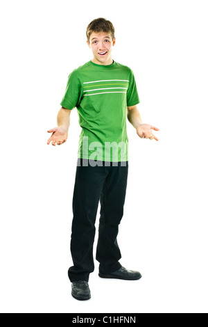 Achselzucken jungen Mann stand isolierten auf weißen Hintergrund Stockfoto