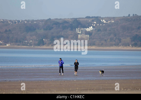 Ein paar gehen am früher Morgen joggen mit ihrem Hund entlang der Küste der Swansea Bay. Stockfoto