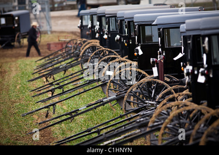 Amische Mann geht vorbei an Dutzenden von Buggys bereit für Auktion während des jährlichen Schlamm-Verkaufs in Gordonville, PA. Stockfoto