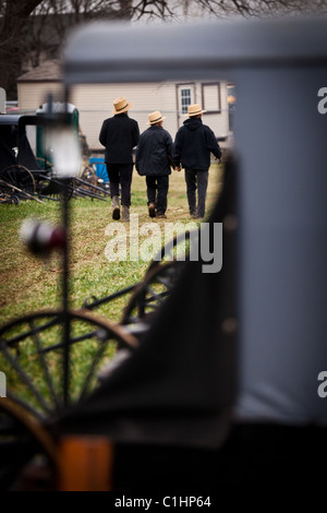 Amische Männer inspizieren Pferd Buggys bereit für Auktion während des jährlichen Schlamm Verkaufs zur Unterstützung der Feuerwehr in Gordonville, PA. Stockfoto