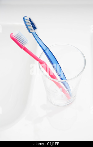 Zahnbürsten im Glas Stockfoto