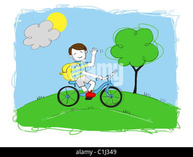 Illustration der junge mit dem Fahrrad Stockfoto