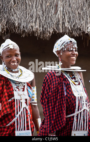 Masai Frauen in einem kleinen Massai-Dorf in der Ngorongoro Conservation Area, Tansania, Afrika Stockfoto