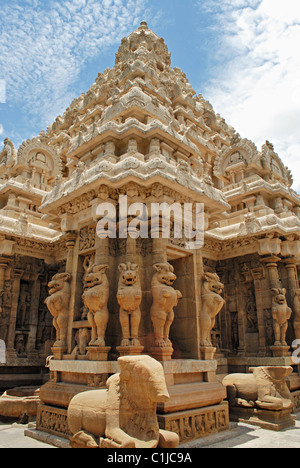 Yalis, 9. Jahrhundert A.D., Kailasanatha-Tempel, Kanchipuram, Tamil Nadu, Indien. Aufzucht Yalis schmücken den Tempel. Stockfoto