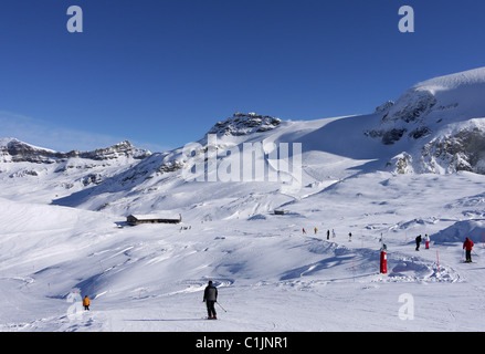 Gesamtansicht der Skipisten von Cervinia, Italien an einem himmelblauen Tag nach oben auf den Link mit der Schweiz nach Zermatt Stockfoto