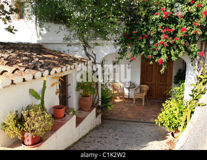Typische mediterrane Haus Veranda mit Blumen, Altea La Vieja, Altea La Vella, Altea, Alicante, Costa, Blanca, Valencia, Spanien Stockfoto