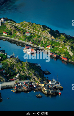 Norwegen, Nordland, Lofoten-Inseln, Insel Moskenes, die Fischer Dorf von Hamnoy (Luftbild) Stockfoto