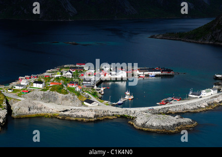 Norwegen, Nordland, Lofoten-Inseln, Insel Moskenes, die Fischer Dorf von Hamnoy (Luftbild) Stockfoto