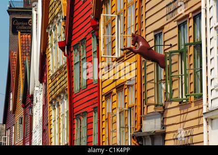 Norwegen, Hordaland, Bergen, hölzerne Häuser von Bryggen, Weltkulturerbe der UNESCO Stockfoto