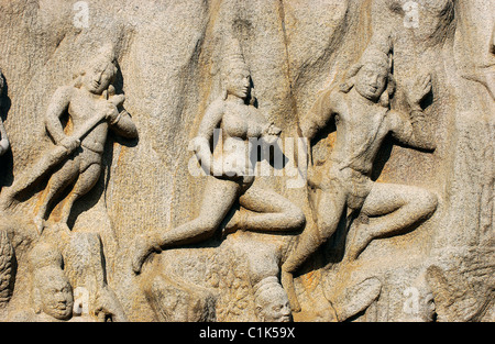 Indien-Tamil Nadu Zustand Mahabalipuram Detail Basreliefs von Arjunas Buße (Ganges Abstieg) (UNESCO-Weltkulturerbe Stockfoto
