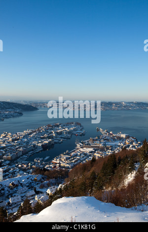 Blick auf den Hafen von Bergen an einem Wintertag. Stockfoto