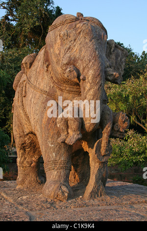 Elefant Statue in der Nähe des Gajadvara auf dem Gelände von Konark Sonnentempel, Orissa, Indien Stockfoto