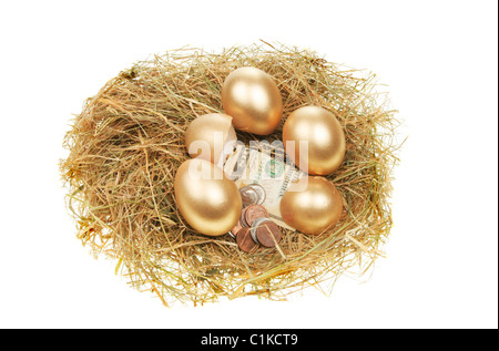 Ganzen und gebrochenen goldenen Eiern mit Geld in einem Nest aus Heu Stockfoto