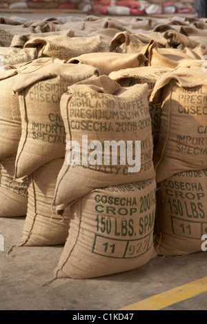 Kaffee verpackt in Sackleinen Säcke, Cofeco S.A. trockene Mühle, Huehuetenango Abteilung, Guatemala Stockfoto