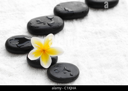 Zen Steinen mit Frangipani Blume auf weißen Handtuch Stockfoto