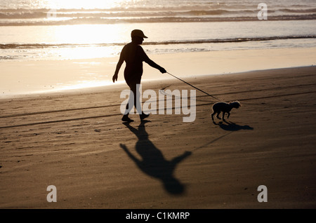 Frau, Spaziergang mit ihrem Hund am Strand bei Sonnenuntergang, Playa San Miguel, Halbinsel Nicoya, Costa Rica Stockfoto