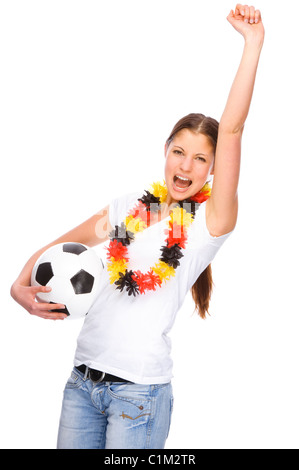 Voll isolierte Studio Bild von einer jungen und schönen Frau mit Fußball und Deutschland Flagge Stockfoto