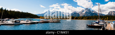 Colter Bay, Lauch Marina, Espen in Herbstfarben, Farben, Jackson Lake, Mount Moran, Teton Range, Grand-Teton-Nationalpark in Wyoming Stockfoto