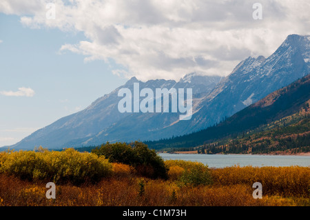 Colter Bay, Lauch Marina, Espen in Herbstfarben, Farben, Jackson Lake, Mount Moran, Teton Range, Grand-Teton-Nationalpark in Wyoming Stockfoto