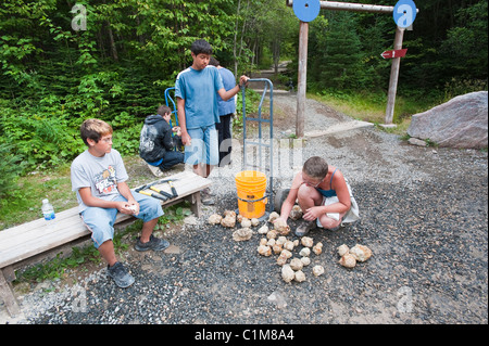 Sammeln von Achat Felsen an Mine d'agates du Mont Lyall in Gaspésie Naional Park, Quebec, Kanada. Stockfoto