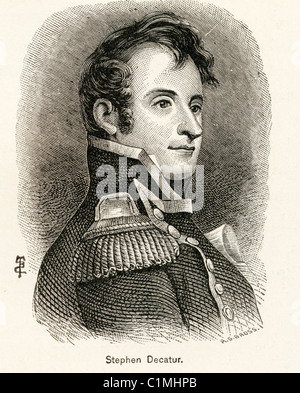 Alte Lithographie von Stephen Decatur, US-amerikanischer Marineoffizier, bemerkenswert für seine Tapferkeit in der Barbary Kriege und in Krieg von 1812 Stockfoto