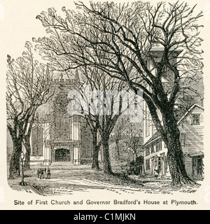 Alte Lithographie von First Church, Plymouth, Massachusetts, USA Stockfoto