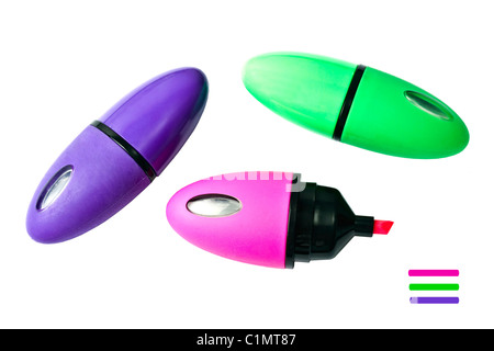 Drei Mini-bunte Textmarker isoliert auf weißem Hintergrund Stockfoto
